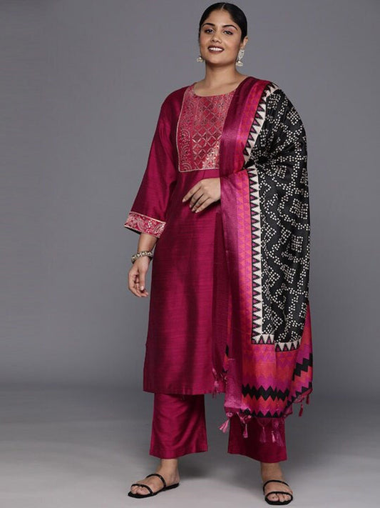 Sztori Plus Size Yoke Design Regular Patchwork Kurta With Trousers & Dupatta