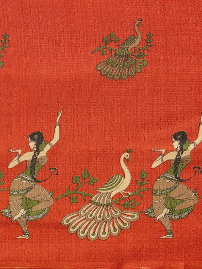 Saree Mall Rust Red & Green Printed Saree