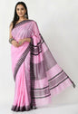 Mominos Fashion Moeza Baby Pink Bhagalpuri Handloom Silk Black Temple Border Saree with unstitched Blouse piece
