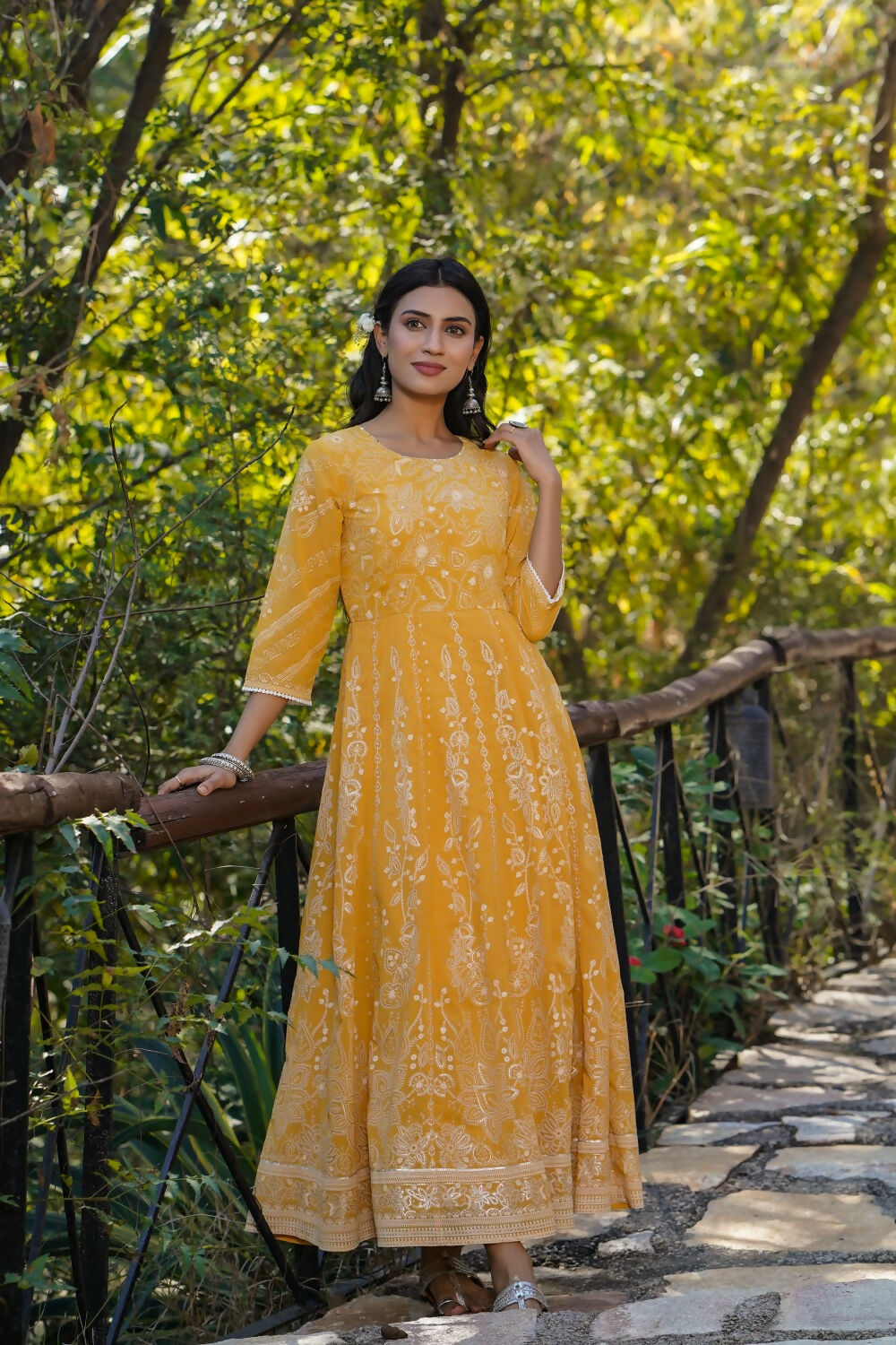 Juniper Yellow Floral Printed Georgette Maxi Dress With Beads Kantha Work & Sequins At Neckline