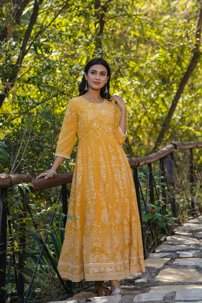 Juniper Yellow Floral Printed Georgette Maxi Dress With Beads Kantha Work & Sequins At Neckline