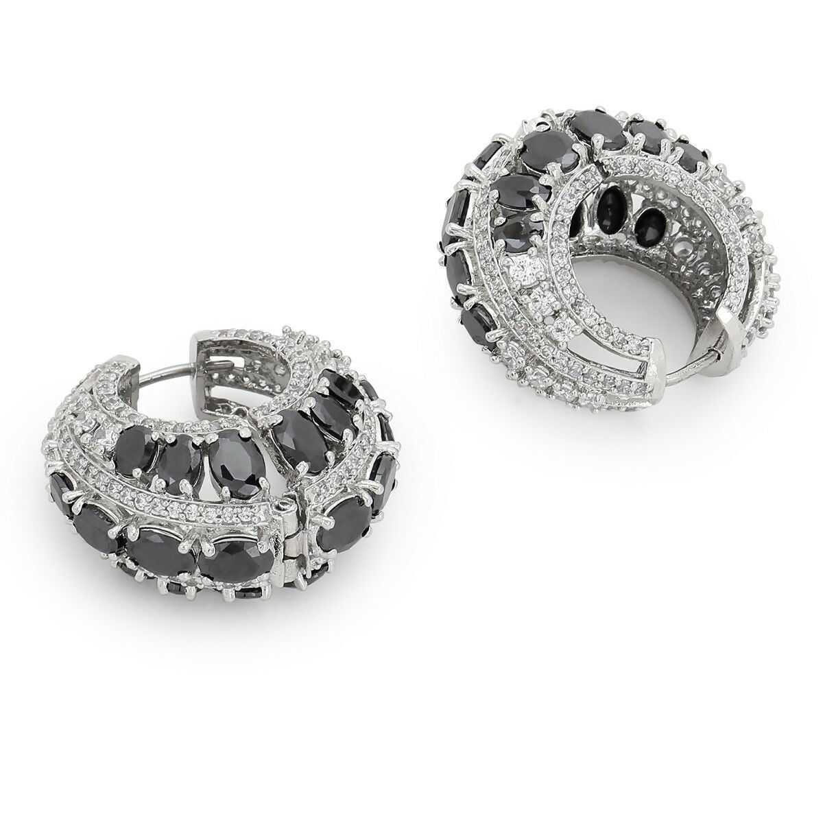Black & Silver Diamond Hoops Earrings- Ruby Raang