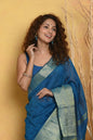 Very Much Indian Handloom Pure Cotton Linen Saree With Golden Border - Serene Blue