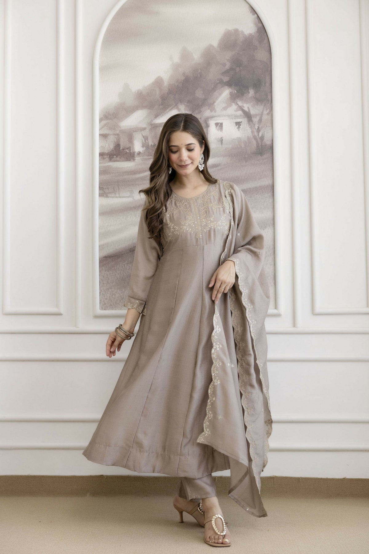 The52 Chiku Women's Beautiful Vichitra Silk Fabric Embroidered Work Flared Anarkali Pant and Dupatta Set