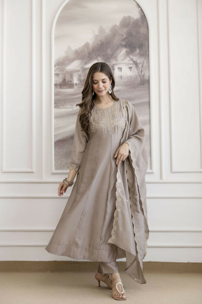 The52 Chiku Women's Beautiful Vichitra Silk Fabric Embroidered Work Flared Anarkali Pant and Dupatta Set