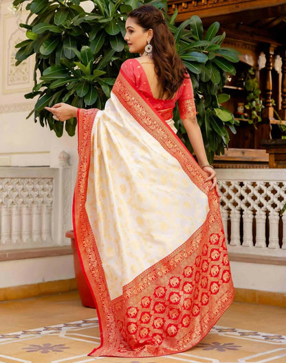 Joban Fashion Off White Silk Woven Banarasi Saree