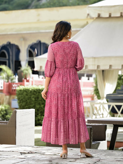 Juniper Women's Onion Pink Ethnic Motif Printed Georgette Gathers Maxi Dress With Sequins & Doris