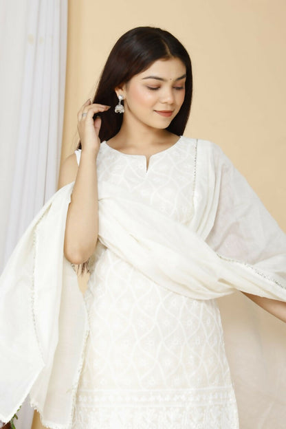 Miravan Women's Beige Embroidered Chikankari Pure Cotton Kurti With Sharara And Dupatta