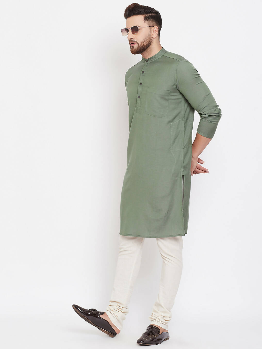 Even Apparels Green Color Linen Linen Men's Kurta With Band Collar