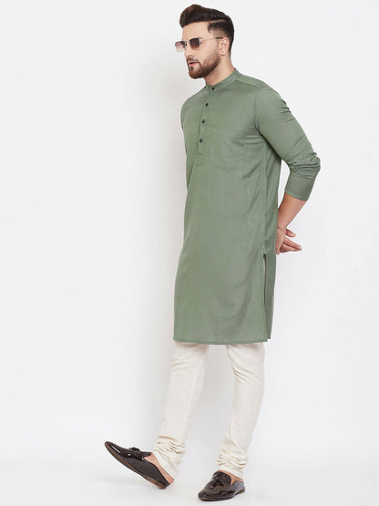 Even Apparels Green Color Linen Linen Men's Kurta With Band Collar