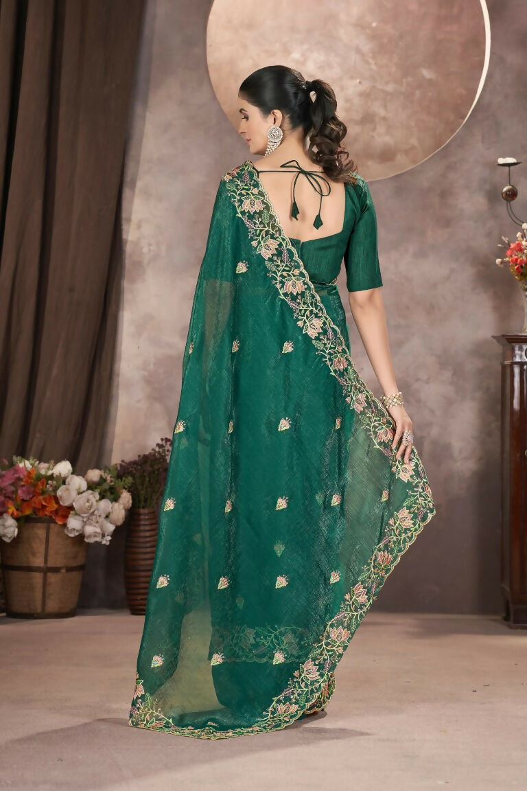 Vastranavya Gold Crunchy Multi Colour Threads Embroidery Work with Sequins Work Saree with Blouse material - Green