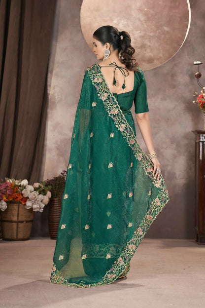 Vastranavya Gold Crunchy Multi Colour Threads Embroidery Work with Sequins Work Saree with Blouse material - Green