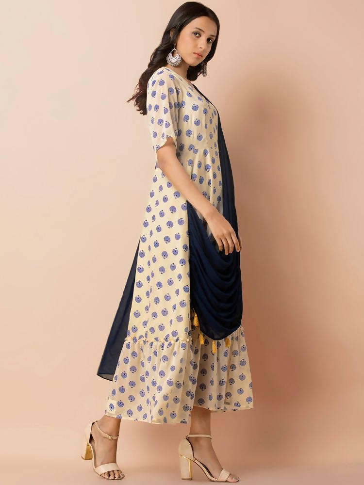 Indya Women White & Navy Blue Printed Maxi Dress With Attached Dupatta