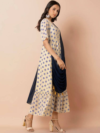 Indya Women White & Navy Blue Printed Maxi Dress With Attached Dupatta