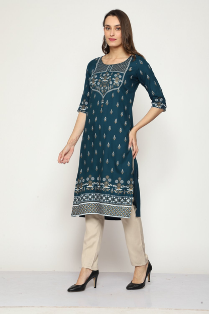Maai Rayon Hand Printed Kurta Navy