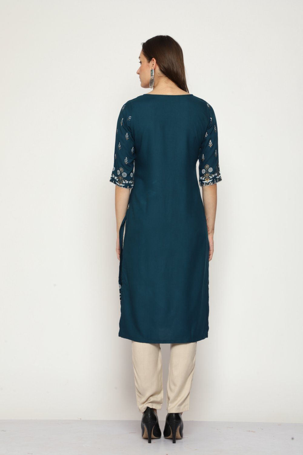 Maai Rayon Hand Printed Kurta Navy