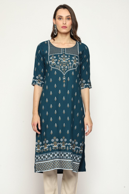Maai Rayon Hand Printed Kurta Navy