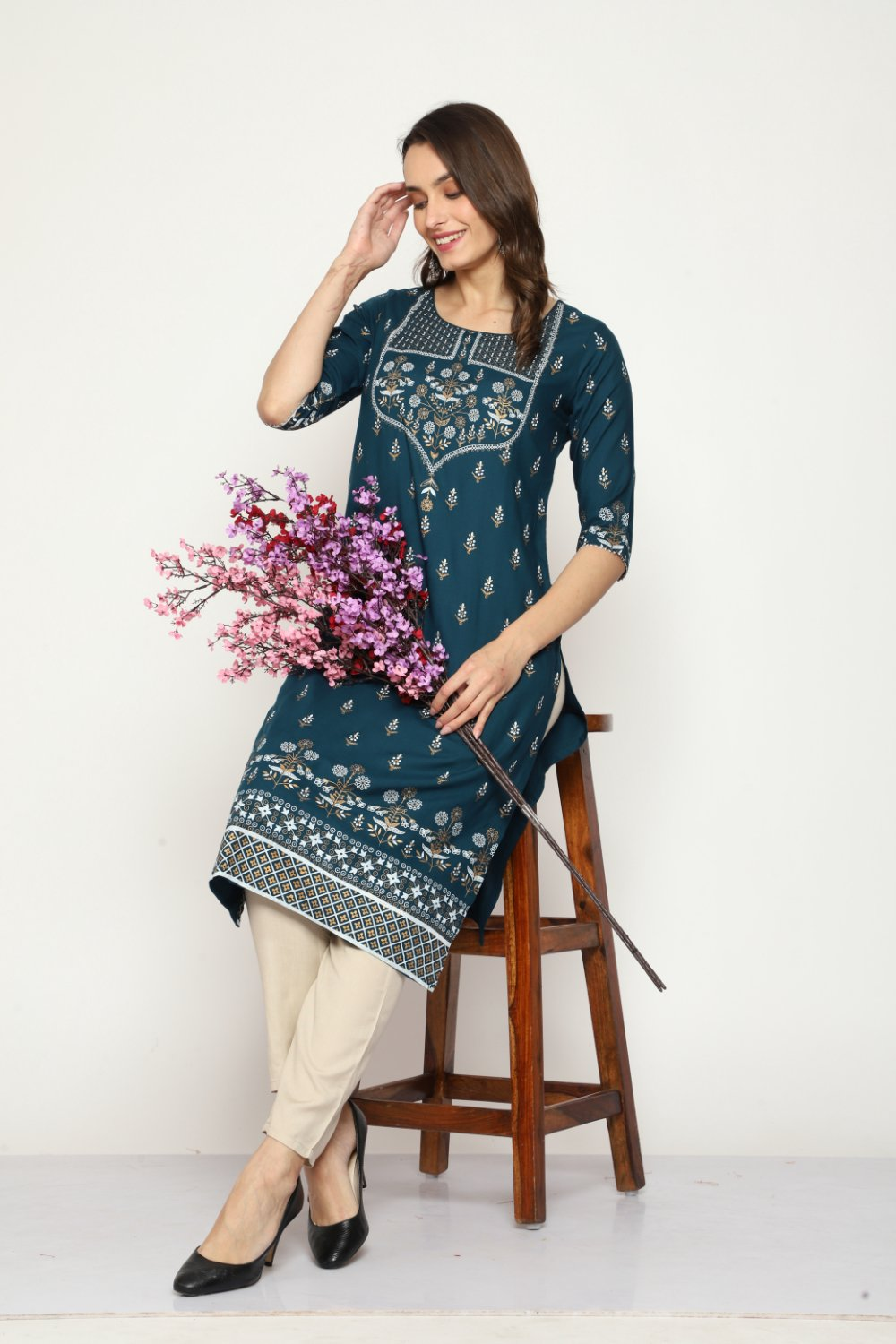 Maai Rayon Hand Printed Kurta Navy