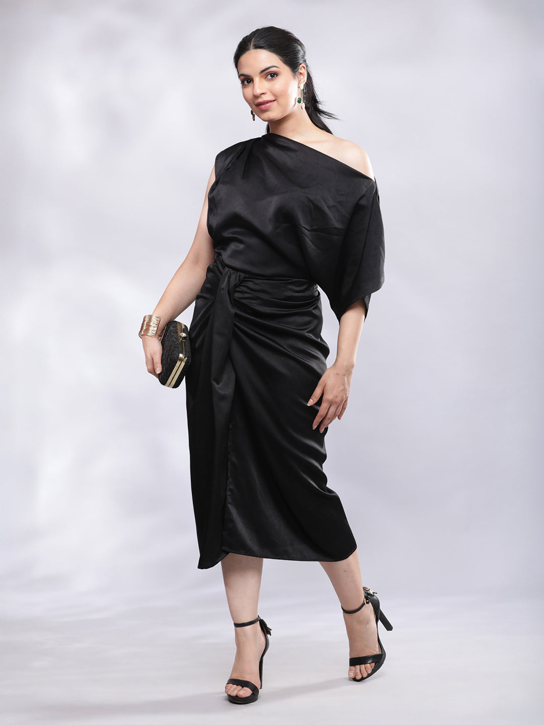 BohoJazz Drape Skirt with One Shoulder Cowl Top Co-ord Set - Black