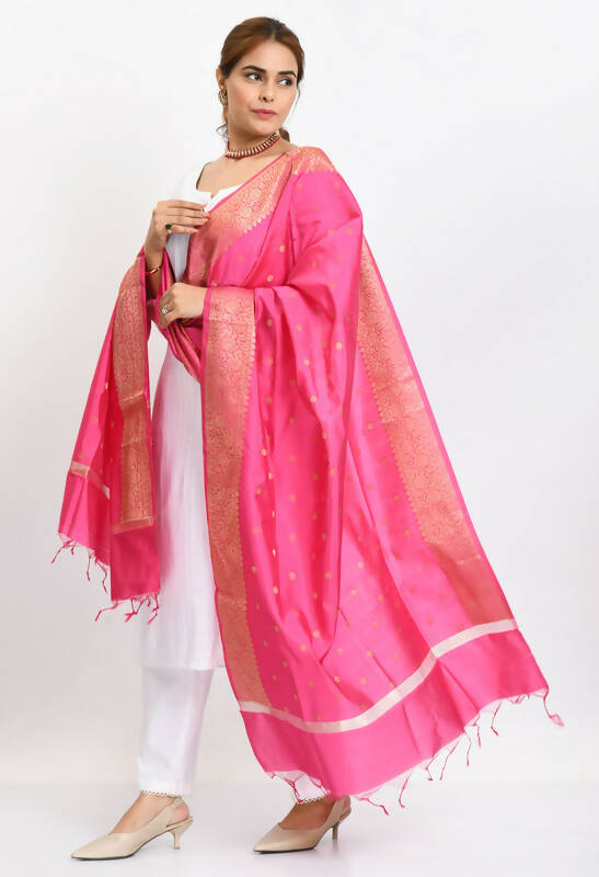 Mominos Fashion Moeza Women's Banarsi Silk Woven Design Pink Dupatta