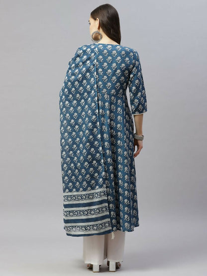 Miravan Women's Cotton Floral Print Anarkali Kurta With Dupatta