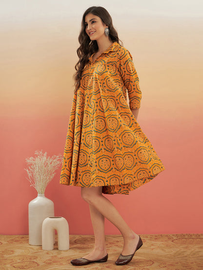 InWeave Women's Haldi Yellow Mughal Kalamkari Flared Dress