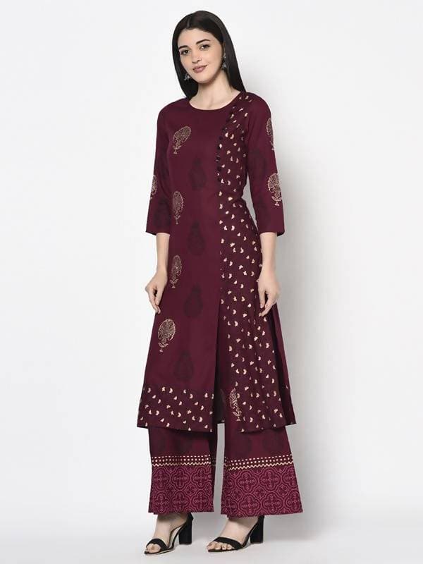 Aniyah Rayon Wine Color Block Print Straight Kurta (AN-175K)