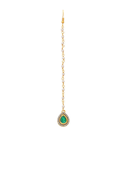 Ruby Raang Green Tear Drop Green Kundan Maang Tikka