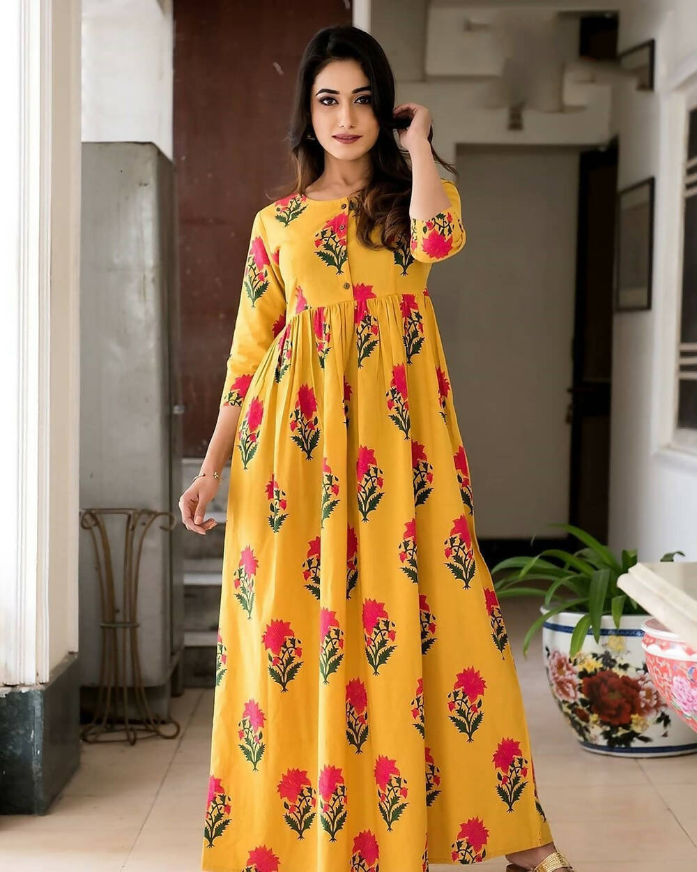 Partywear Designer Gold Yellow Pure Maslin Gown - Anbazaar