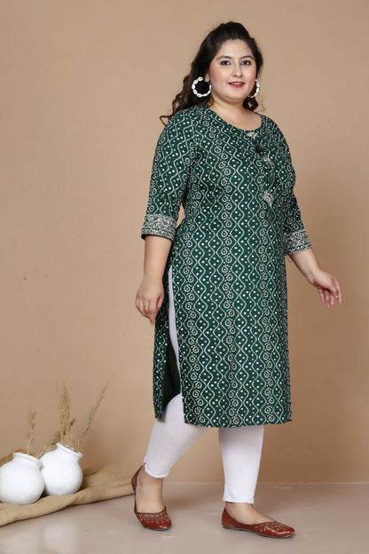 Miravan Women's Plus Size Rayon Bandhani Print Straight Kurta Green