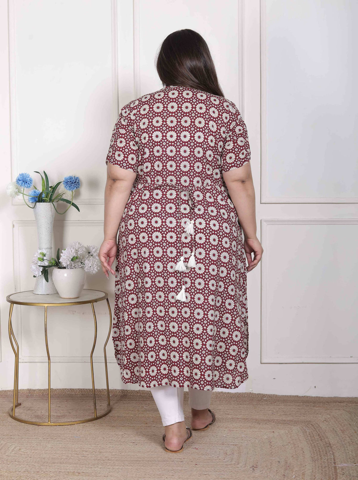 Miravan Women's Plus Size Cotton Floral Printed Cream A-Line Kurta with Buttons