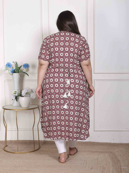 Miravan Women's Plus Size Cotton Floral Printed Cream A-Line Kurta with Buttons