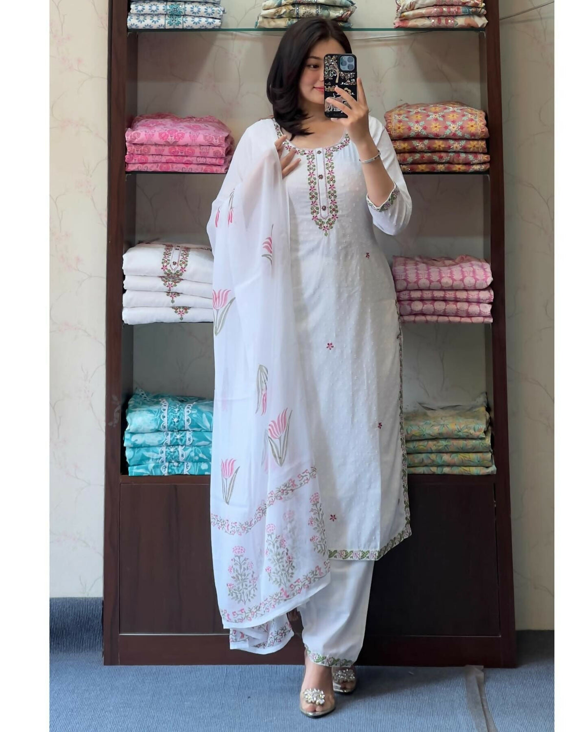 The52 White Women's Gorgeous Georgette Butti Fabric Embroidered Work Straight Kurta Pant and Dupatta Set