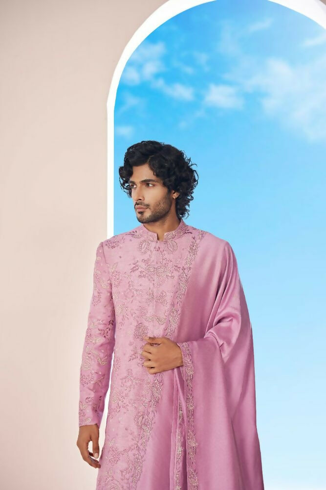 Majestic Orchid Falling Raw Silk Sherwani Set With Intricate Embroidery And Draped Dupatta by Hilo Design