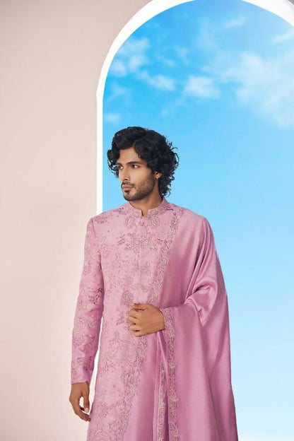 Majestic Orchid Falling Raw Silk Sherwani Set With Intricate Embroidery And Draped Dupatta by Hilo Design