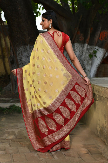 Joban Fashion Pale Yellow Crepe Chiffon Pure Handloom Banarasi Silk Saree