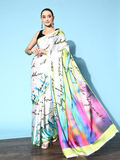 Tikhi Imli Off White & Green Abstract Print Satin Saree