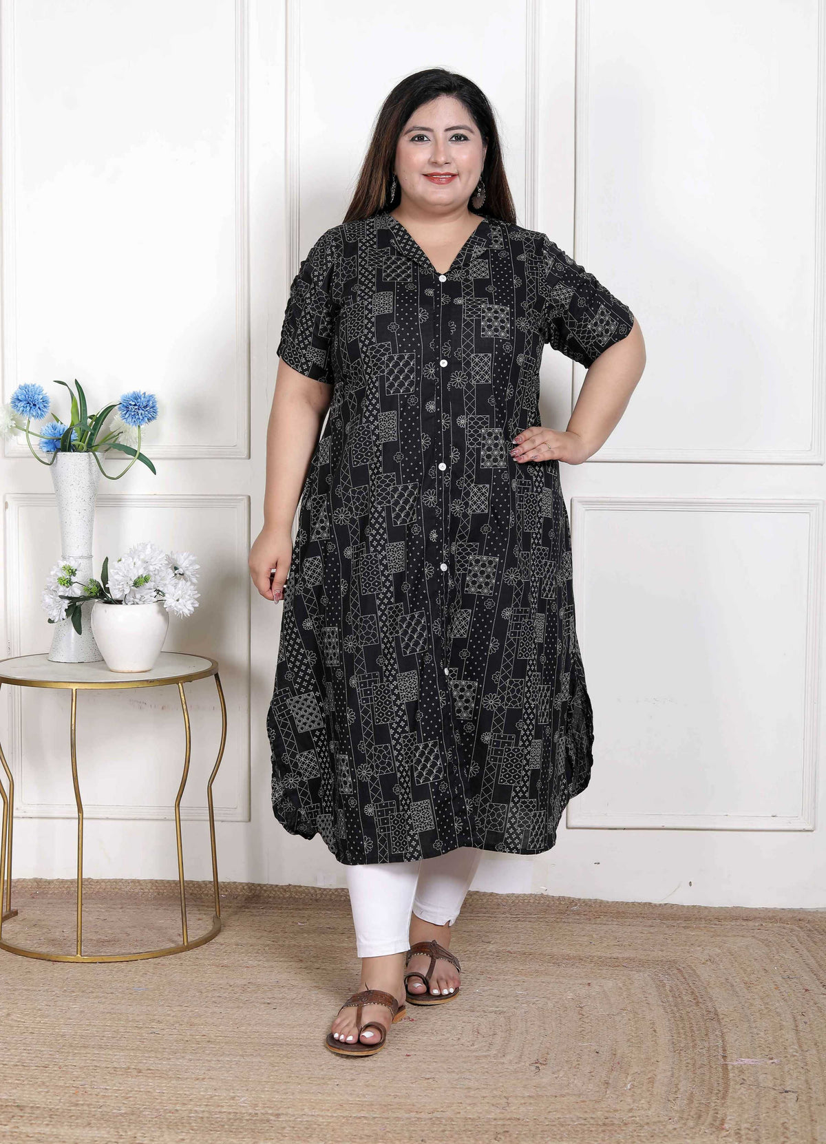 Miravan Women's Plus Size Pure Cotton Black Floral Printed Front Button A-Line Kurta
