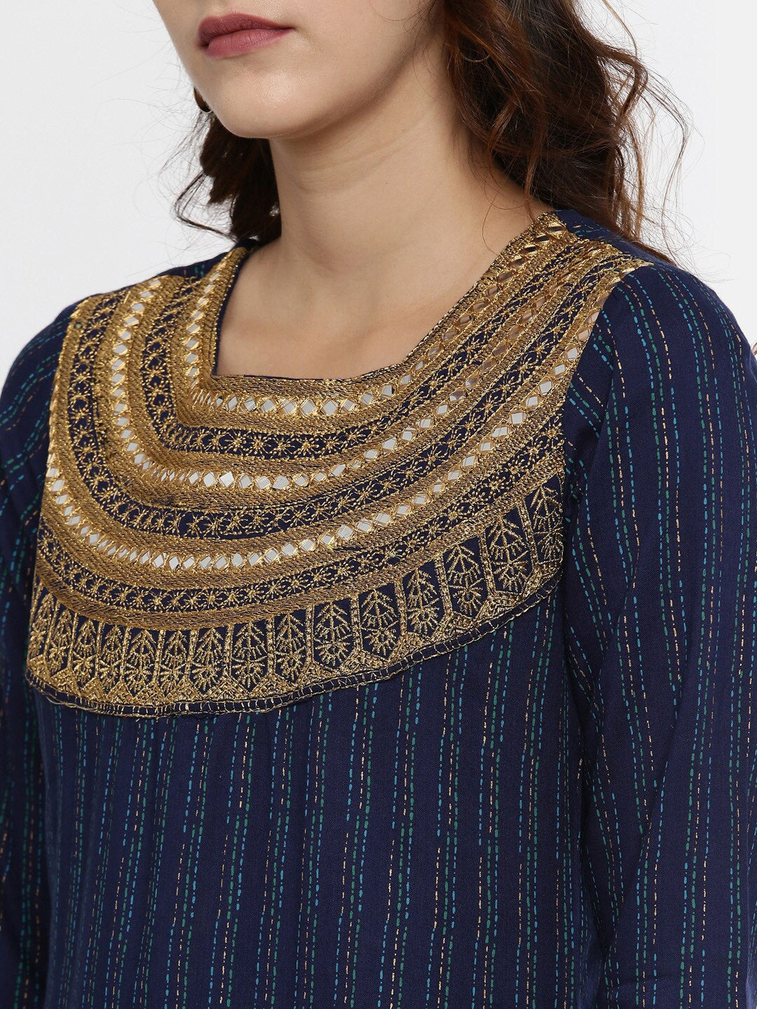 Souchii Navy Blue & Gold-Toned Striped A-Line Kurta