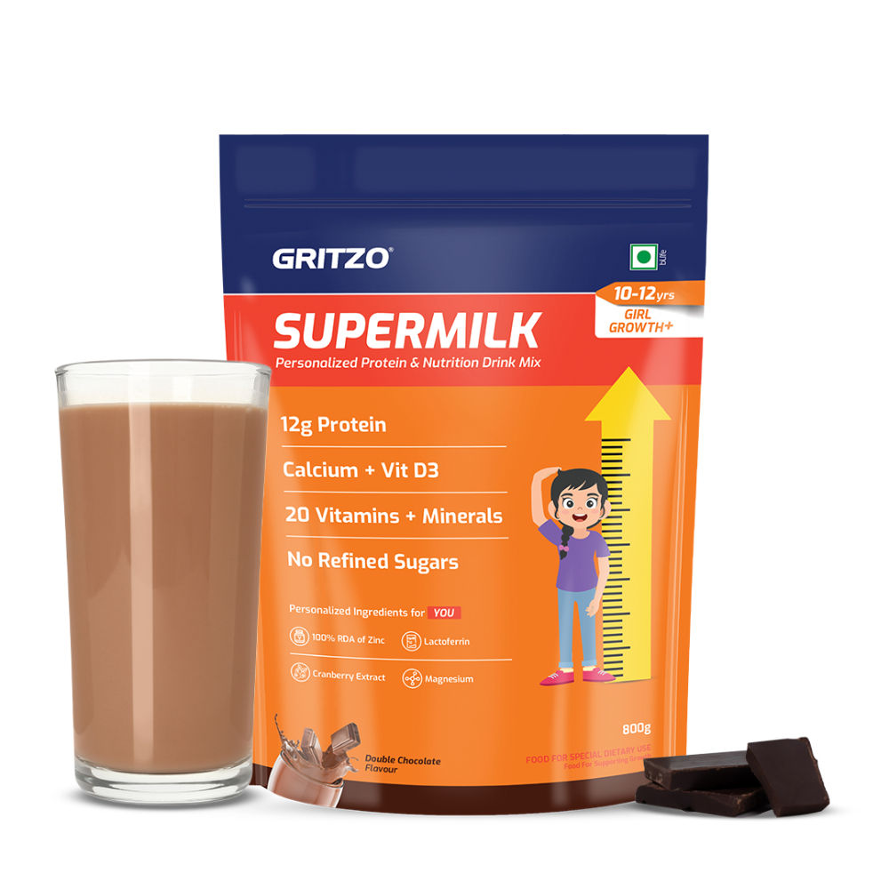 Gritzo SuperMilk Height+ Health Drink for 10-12y Girls - Double Chocolate Flavor