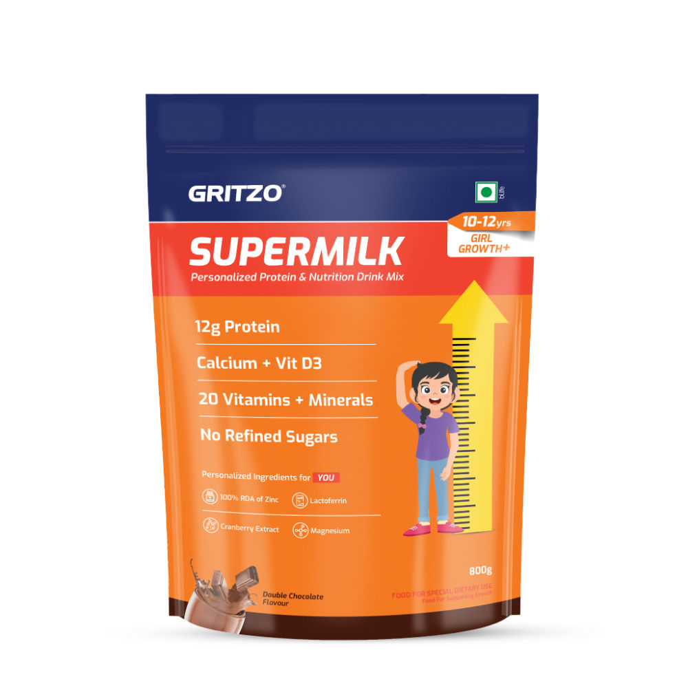 Gritzo SuperMilk Height+ Health Drink for 10-12y Girls - Double Chocolate Flavor