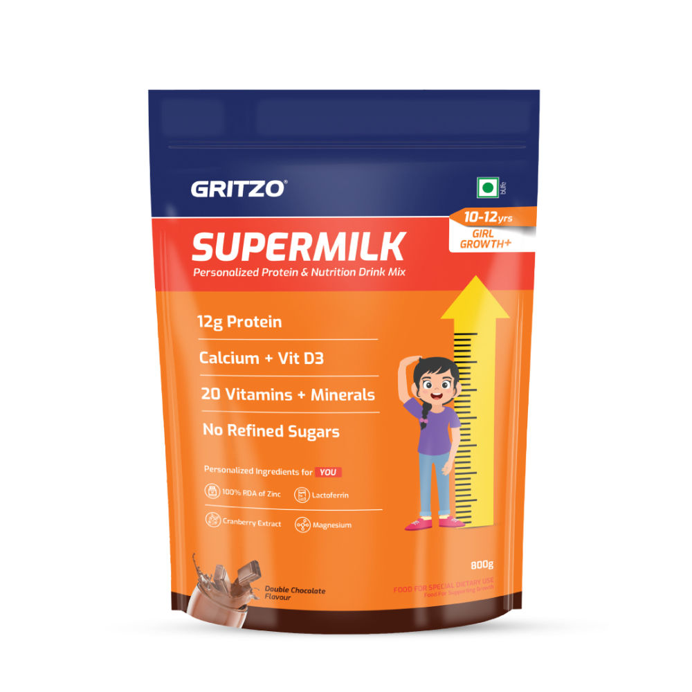 Gritzo SuperMilk Height+ Health Drink for 10-12y Girls - Double Chocolate Flavor
