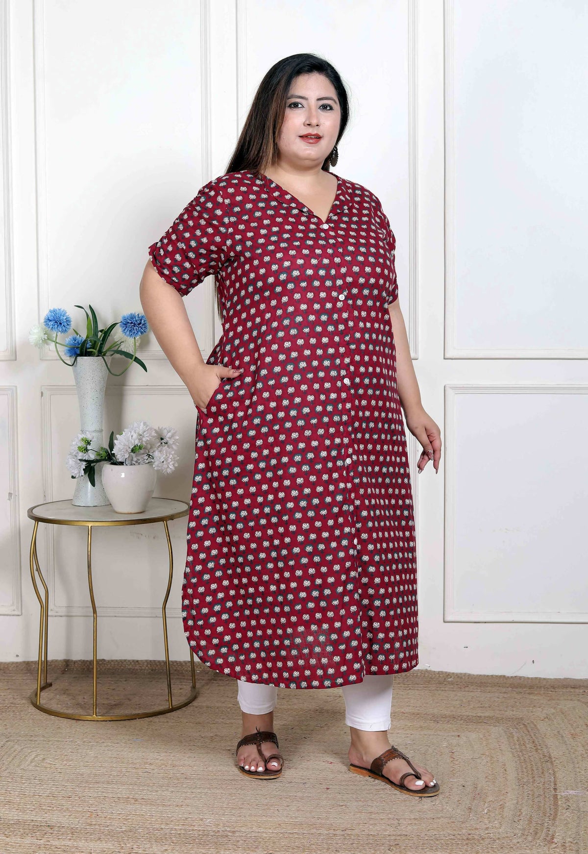 Miravan Women's Plus Size Relaxed Fit Red Floral Printed A-Line Pure Cotton Kurta