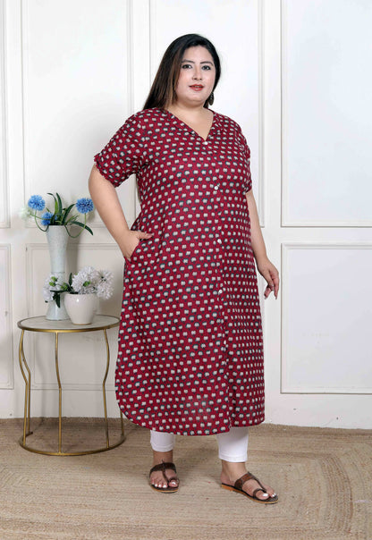Miravan Women's Plus Size Relaxed Fit Red Floral Printed A-Line Pure Cotton Kurta
