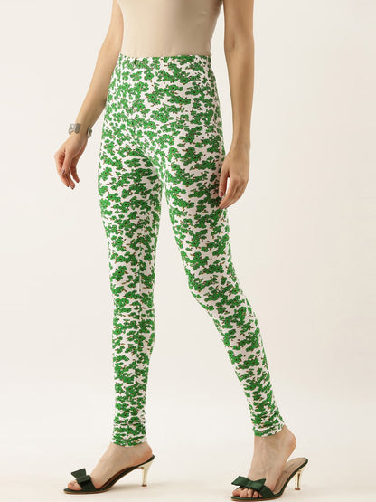 Souchii White & Green Printed Ankle-Length Leggings