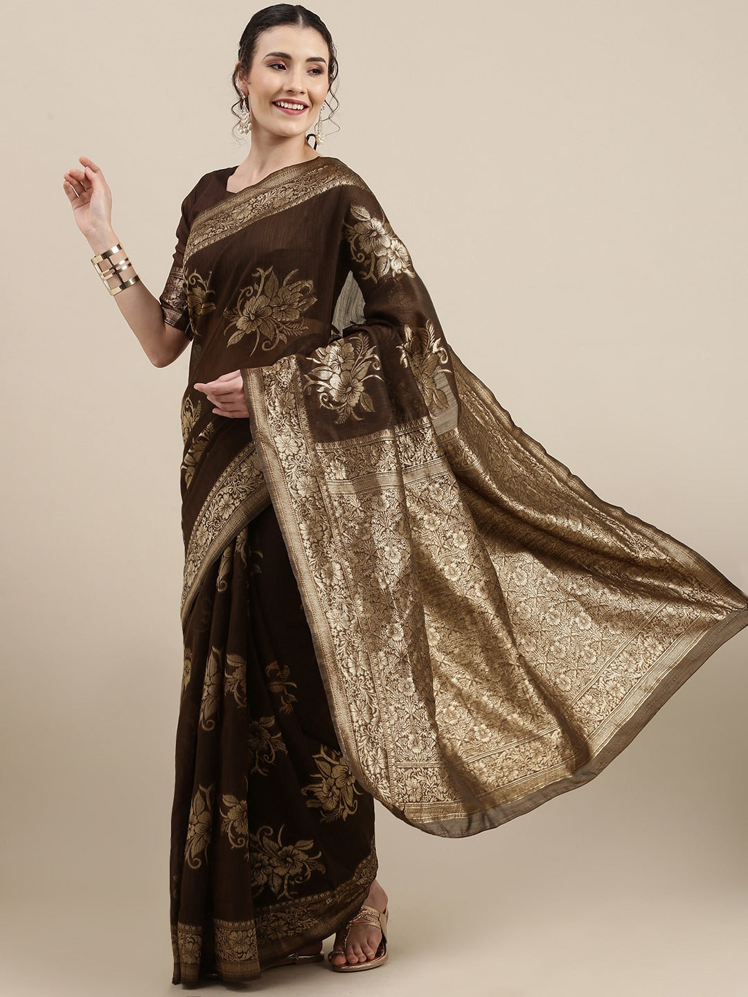 Saree Mall Brown Floral Linen Blend Banarasi Saree