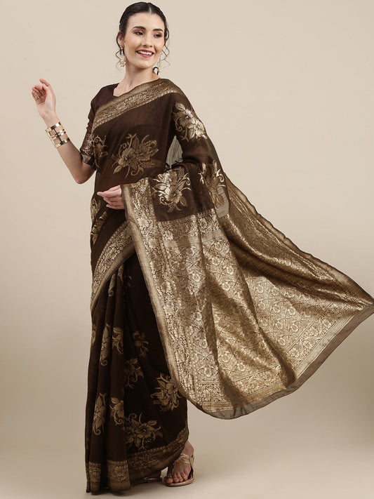 Saree Mall Brown Floral Linen Blend Banarasi Saree