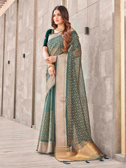 Tikhi Imli Olive Floral Embroidered Zari Organza Saree