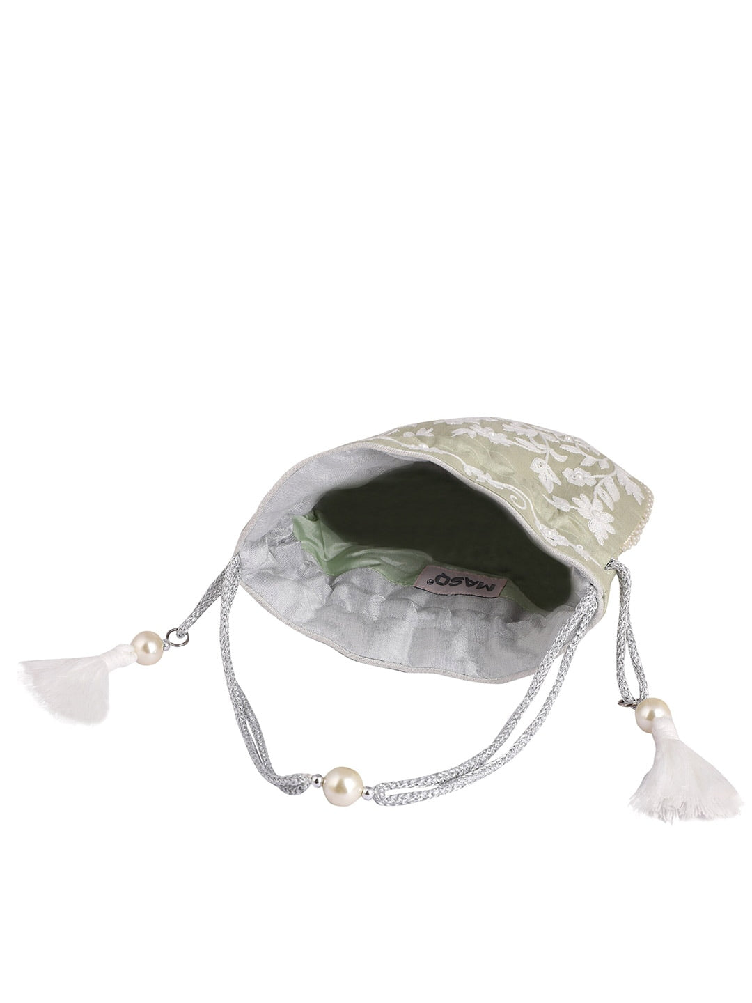 Masq Green & White Embellished Embroidered Potli Clutch