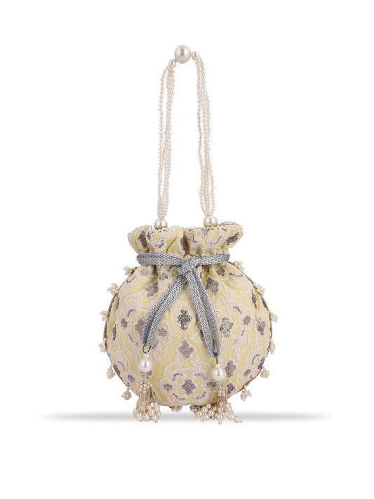 Masq Women Yellow & Grey Embellished Embroidered Potli Clutch
